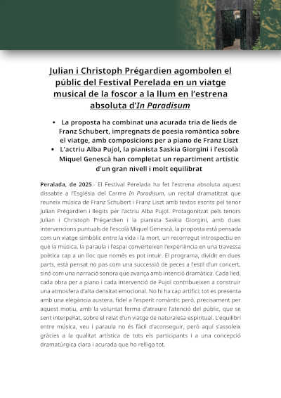 Julian y Christoph Prégardien en un viaje musical de la oscuridad a la luz en el Festival Perelada