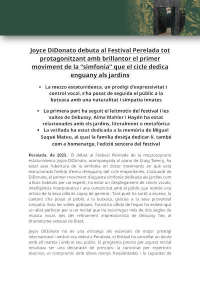 Joyce DiDonato debuta en el Festival Perelada con la “sinfonía” que el ciclo dedica este año a los jardines