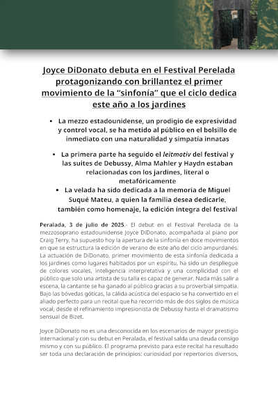 Joyce DiDonato debuta en el Festival Perelada con la “sinfonía” que el ciclo dedica este año a los jardines