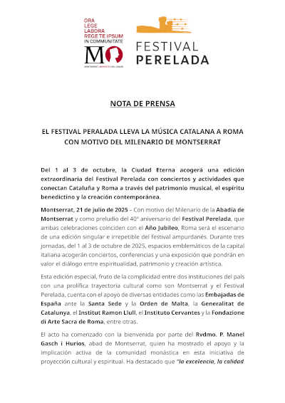 El Festival Peralada lleva la música catalana a Roma con motivo del Milenario de Montserrat
