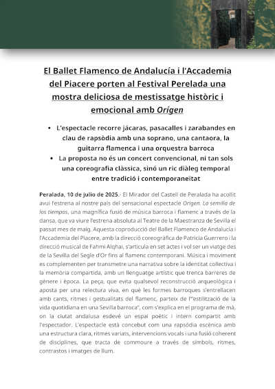 El Ballet Flamenco de Andalucía y la Accademia del Piacere presentan en el Festival de Perelada “Orígen”