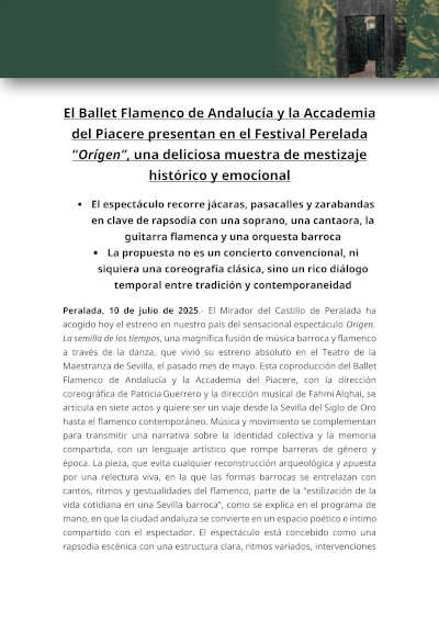 El Ballet Flamenco de Andalucía y la Accademia del Piacere presentan en el Festival de Perelada “Orígen”