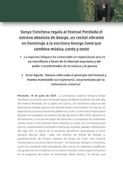 Sonya Yoncheva en Festival Peralada con estreno absoluto de vibrante recital en homenaje a la escritora George Sand