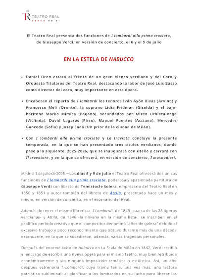 El Teatro Real presenta dos funciones de I lombardi alla prima crociata, de Giuseppe Verdi