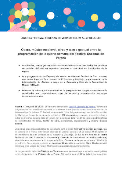 Ópera, música medieval, circo y teatro gestual entre la programación de la cuarta semana del Festival Escenas de Verano