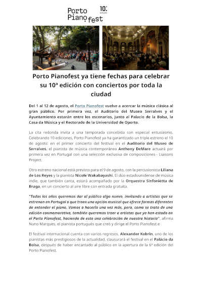 Porto Pianofest ya tiene fechas para celebrar su 10ª edición con conciertos por toda la ciudad