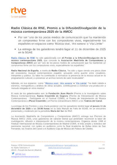 Radio Clásica de RNE, Premio a la Difusión/Divulgación de la música contemporánea 2025 de la AMCC