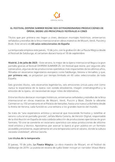 El Festival OH!PERA SUMMER reúne seis extraordinarias producciones de ópera en salas de cine