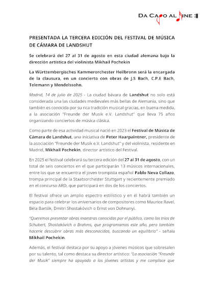 Presentada la tercera edición del Festival de Música de Cámara de Landshut