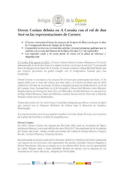 Oreste Cosimo debuta en A Coruña con el rol de don José en las representaciones de Carmen