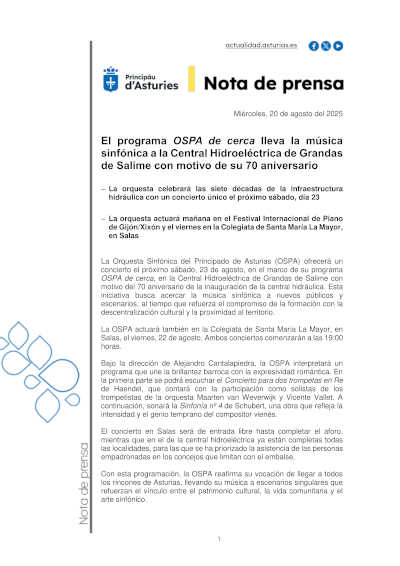 El programa «OSPA de cerca» lleva la música sinfónica a la Central Hidroeléctrica de Grandas de Salime con motivo de su 70 aniversario
