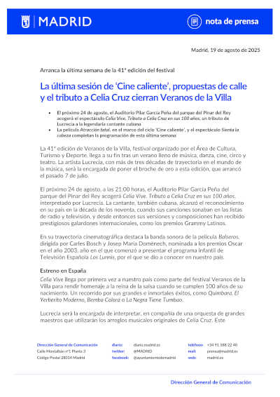 La última sesión de «Cine caliente», propuestas de calle y el tributo a Celia Cruz cierran Veranos de la Villa