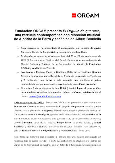 Fundación ORCAM presenta El Orgullo de quererte, una zarzuela contemporánea con dirección musical de Alondra de la Parra