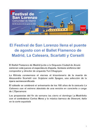 El Festival de San Lorenzo llena el puente de agosto con el Ballet Flamenco de Madrid, La Calesera, Scarlatti y Corselli