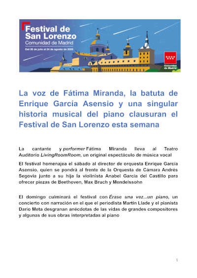 Fátima Miranda, Enrique García Asensio y una singular historia musical del piano clausuran el Festival de San Lorenzo