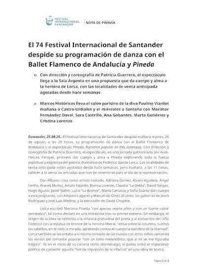 El 74 Festival Internacional de Santander despide su programación de danza con el Ballet Flamenco de Andalucía y Pineda