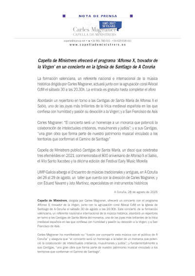 Capella de Ministrers ofrecerá el programa «Alfonso X, trovador de la Virgen» en un concierto en la Iglesia de Santiago de A Coruña