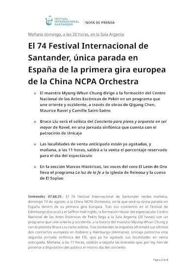 El 74 Festival Internacional de Santander, única parada en España de la primera gira europea de la China NCPA Orchestra