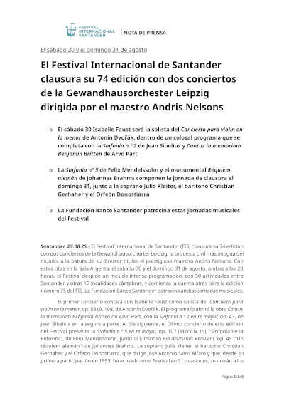 El Festival Internacional de Santander clausura su 74 edición con dos conciertos de la Gewandhausorchester Leipzig