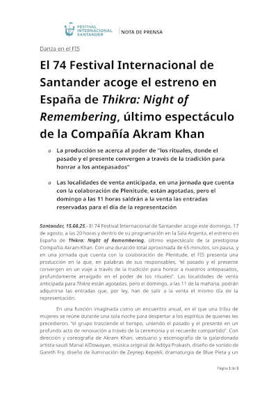 El 74 Festival Internacional de Santander estrena en España Thikra: Night of Remembering, de la Compañía Akram Khan