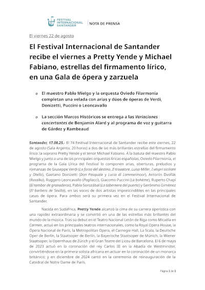 El Festival Internacional de Santander recibe a Pretty Yende y Michael Fabiano en una Gala de ópera y zarzuela