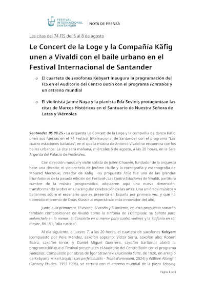 Le Concert de la Loge y la Compañía Käfig unen a Vivaldi con el baile urbano en el Festival Internacional de Santander