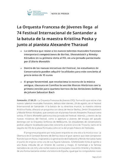La Orquesta Francesa de Jóvenes llega al 74 Festival Internacional de Santander a la batuta de la maestra Kristiina Poska
