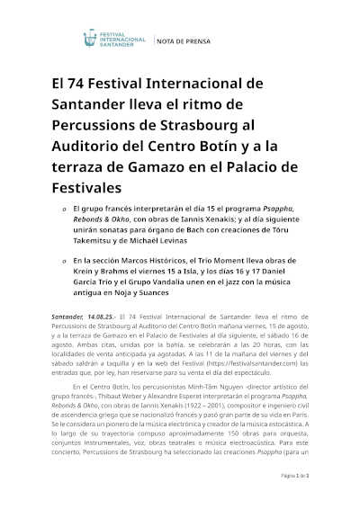 El 74 Festival Internacional de Santander llega con Percussions de Strasbourg al Auditorio del Centro Botín y en el Palacio de Festivales