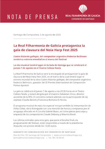 La Real Filharmonía de Galicia protagoniza la gala de clausura del Noia Harp Fest 2025