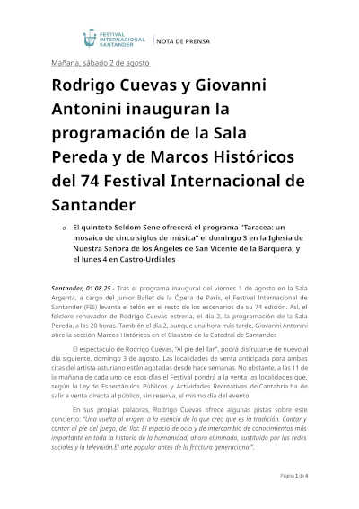 Rodrigo Cuevas y Giovanni Antonini inauguran el 74º Festival Internacional de Santander en Sala Pereda y Marcos Históricos