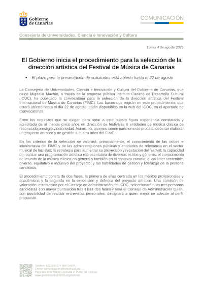 El Gobierno inicia el procedimiento para la selección de la dirección artística del Festival de Música de Canarias
