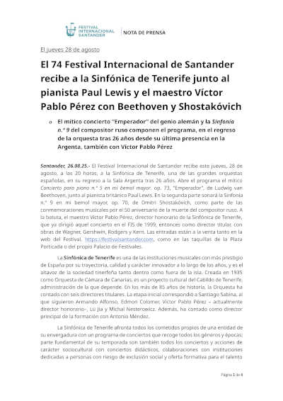 El 74 Festival Internacional de Santander recibe a la Sinfónica de Tenerife junto al pianista Paul Lewis y el maestro Víctor Pablo Pérez