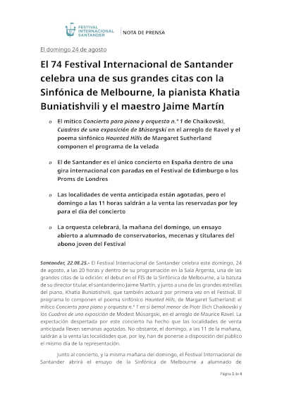 El 74 Festival Internacional de Santander con la Sinfónica de Melbourne, Khatia Buniatishvili y Jaime Martín