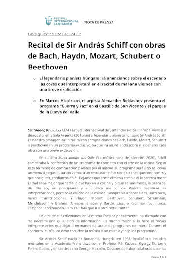 Recital de Sir András Schiff con Bach, Haydn, Mozart, Schubert o Beethoven en el Festival Internacional de Santander