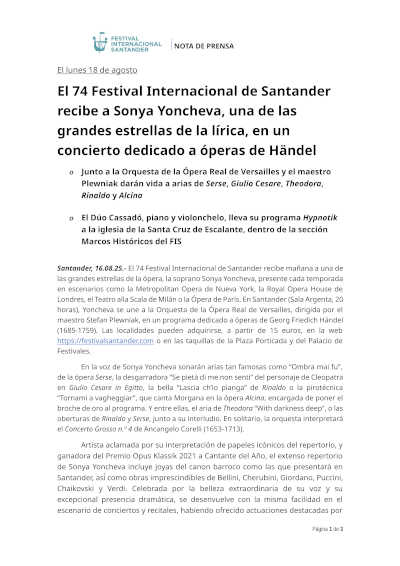 El 74 Festival Internacional de Santander recibe a Sonya Yoncheva en un concierto dedicado a óperas de Händel