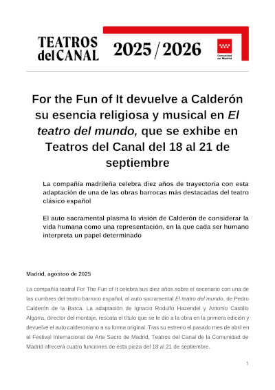 For the Fun of It devuelve a Calderón su esencia religiosa y musical en El teatro del mundo, que se exhibe en Teatros del Canal