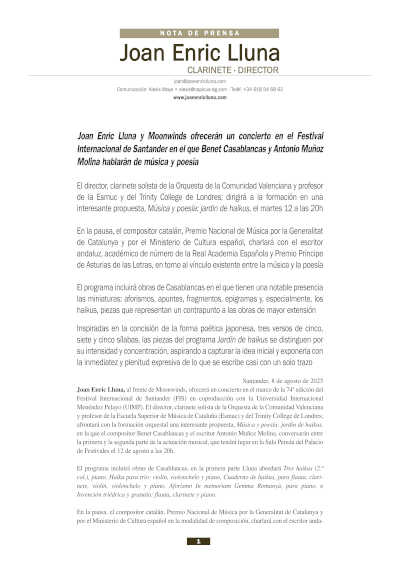 Joan Enric Lluna y Moonwinds ofrecerán un concierto en el Festival Internacional de Santander