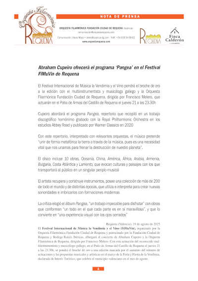 Abraham Cupeiro ofrecerá el programa «Pangea» en el Festival FiMuVin de Requena
