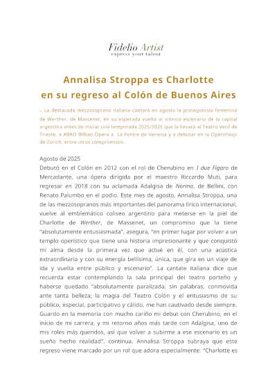 Annalisa Stroppa es Charlotte en su regreso al Colón de Buenos Aires