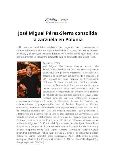 José Miguel Pérez-Sierra consolida la zarzuela en Polonia