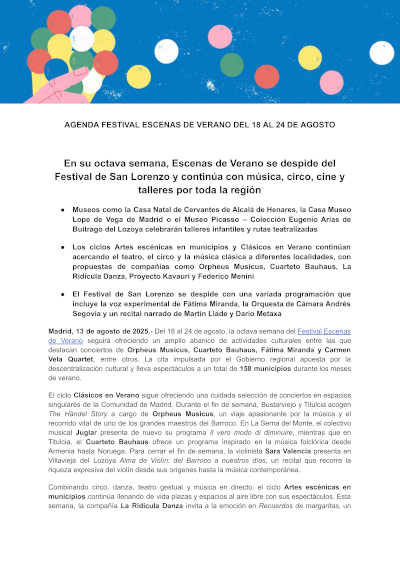 En su octava semana, Escenas de Verano se despide del Festival de San Lorenzo y continúa con música, circo, cine y talleres