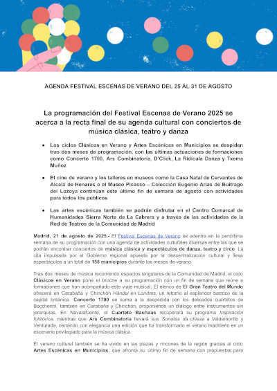 La programación del Festival Escenas de Verano 2025 se acerca a la recta final de su agenda cultural