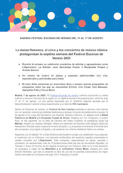 La danza flamenca, el circo y los conciertos de música clásica protagonizan la séptima semana del Festival Escenas de Verano 2025