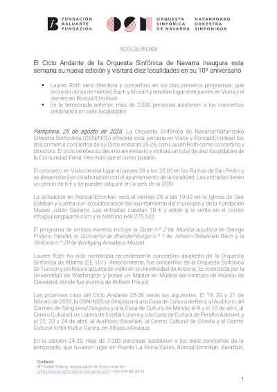 El Ciclo Andante de la Orquesta Sinfónica de Navarra inaugura su nueva edición y visitará diez localidades