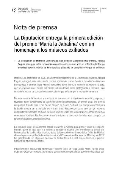 La Diputación entrega la primera edición del premio «María la Jabalina» con un homenaje a los músicos exiliados