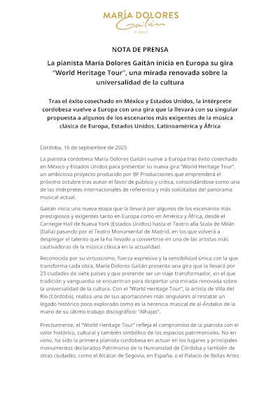 La pianista María Dolores Gaitán inicia su gira “World Heritage Tour”, una mirada renovada sobre la universalidad de la cultura