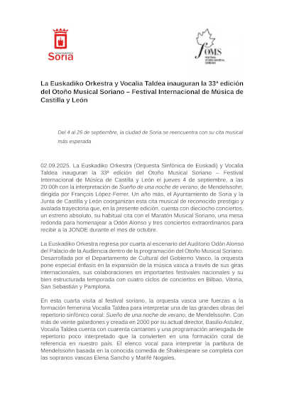 La Euskadiko Orkestra y Vocalia Taldea inauguran la 33ª edición del Otoño Musical Soriano