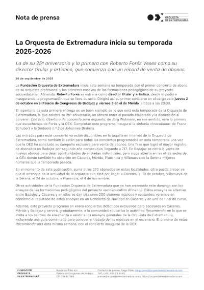 La Orquesta de Extremadura inicia su temporada 2025-2026 en su 25º aniversario