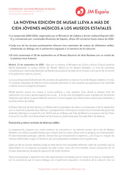 La novena edición de MusaE lleva a más de cien jóvenes músicos a los Museos Estatales