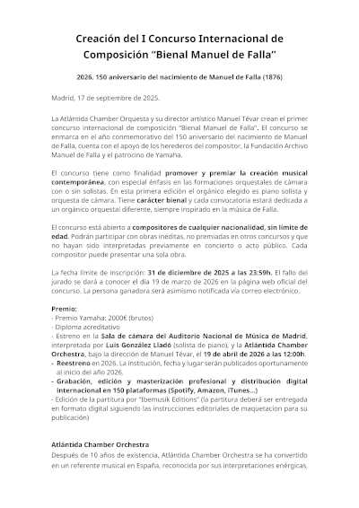 Creación del I Concurso Internacional de Composición “Bienal Manuel de Falla”
